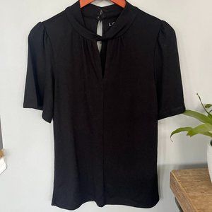 LOFT Black Blouse with Flutter Sleeves and Twist Neck Keyhole Top